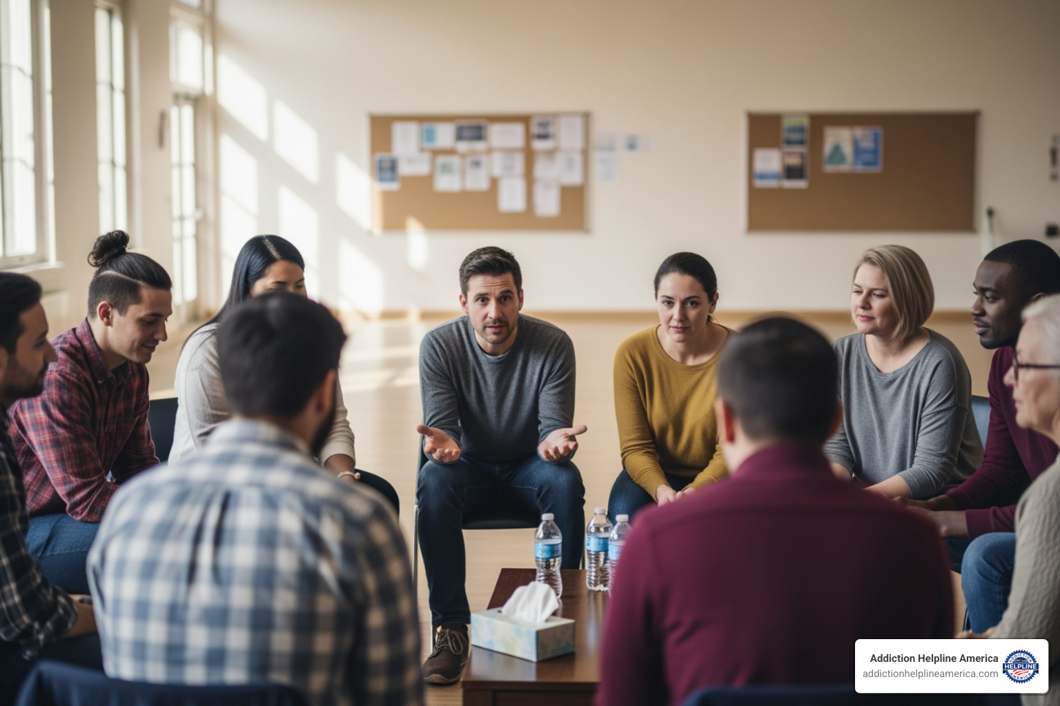 A diverse group of people sitting in a circle, engaged in a supportive group meeting in a community hall - faith based recovery A diverse group of people sitting in a circle, engaged in a supportive group meeting in a community hall - faith based recovery
