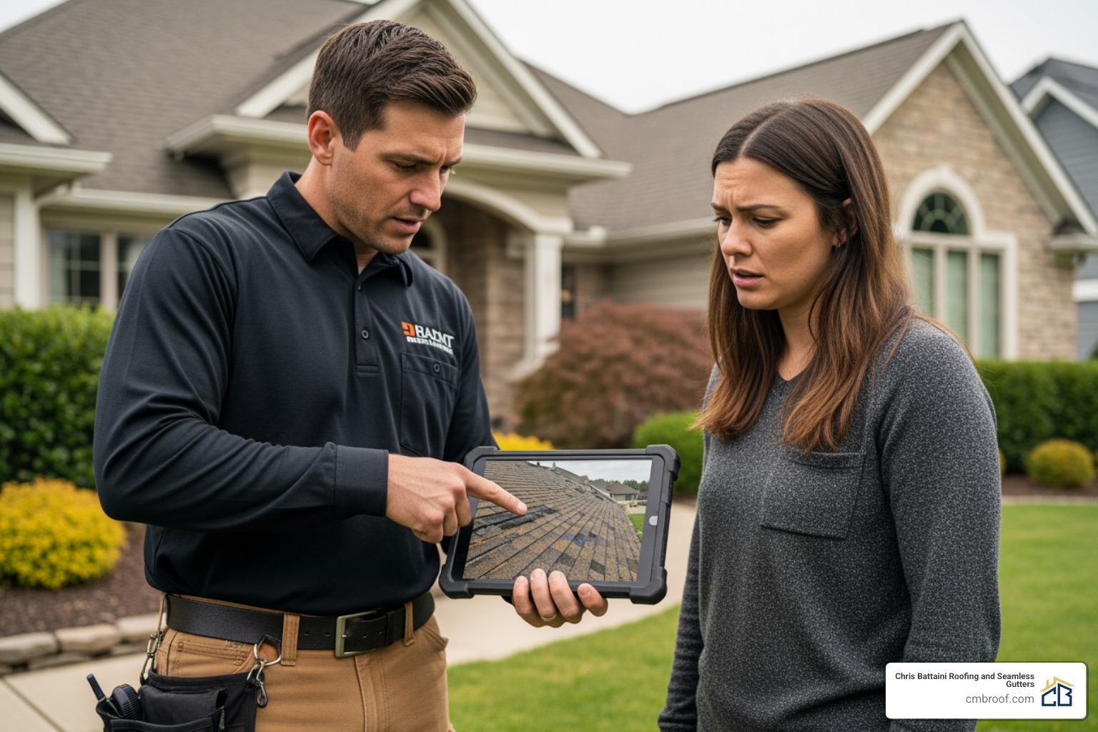 inspector showing homeowner photo of roof damage on tablet - roofing inspector