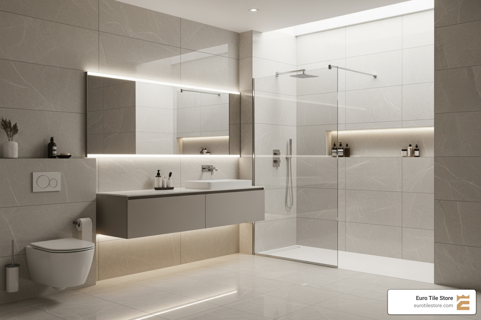 bathroom showcasing large format porcelain tiles and a walk-in shower - Bathroom remodeling services