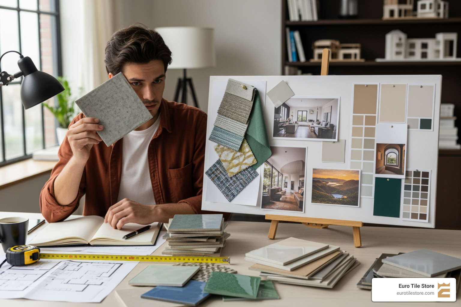 person reviewing tile samples against a design mood board - Bathroom remodeling services