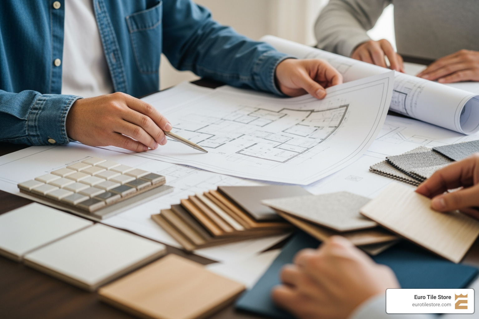 person reviewing blueprints and material samples on a table - home improvement and remodeling