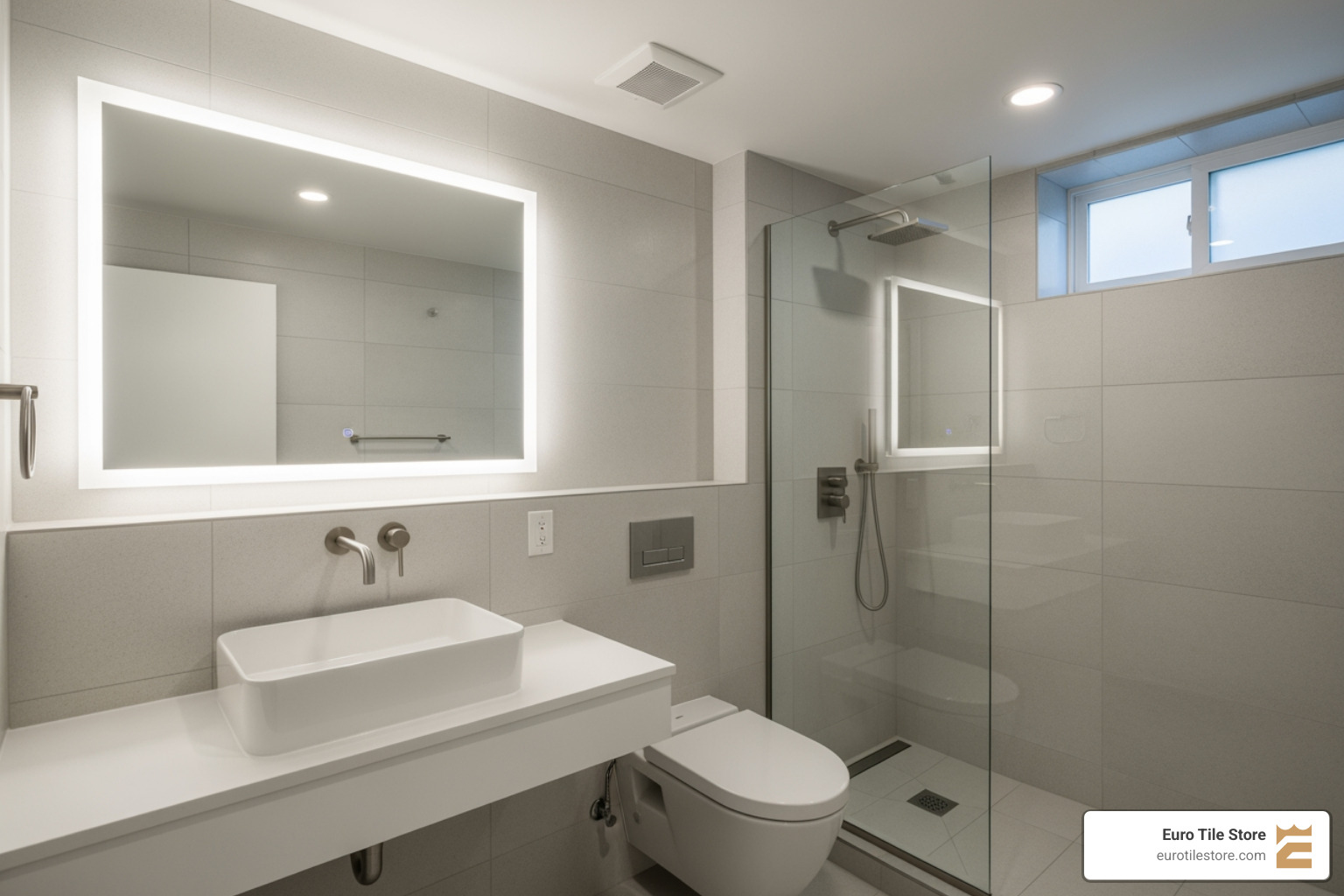 Small basement bathroom with light-colored large format tiles - basement bathroom remodel