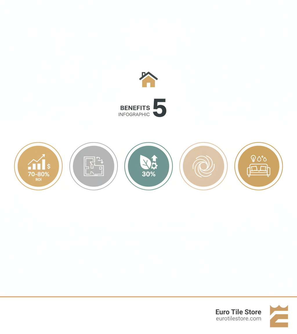 infographic showing top 5 benefits of home remodeling: 1. Increased home value with 70-80% ROI for kitchens, 2. Enhanced daily functionality through optimized layouts, 3. Energy savings up to 30% with efficient upgrades, 4. Personalized spaces reflecting your lifestyle, 5. Improved comfort with modern fixtures and materials - home improvement and remodeling infographic 