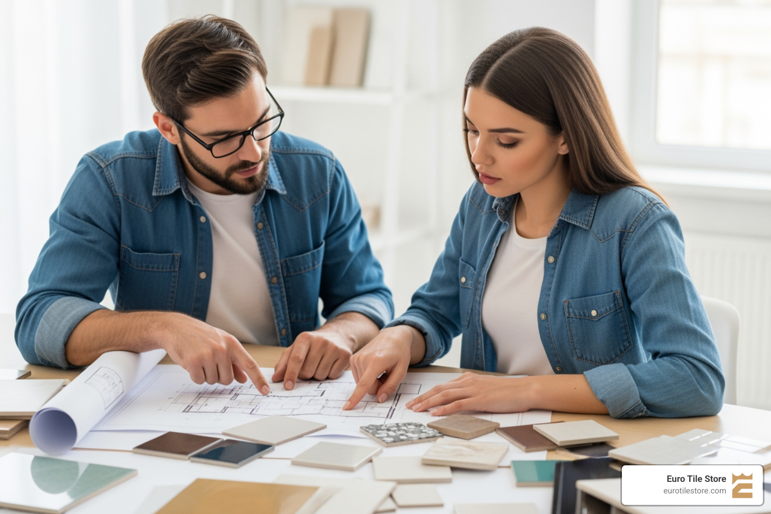 A contractor and homeowner reviewing blueprints and tile samples together, engaged in a detailed discussion. - home remodelers in my area