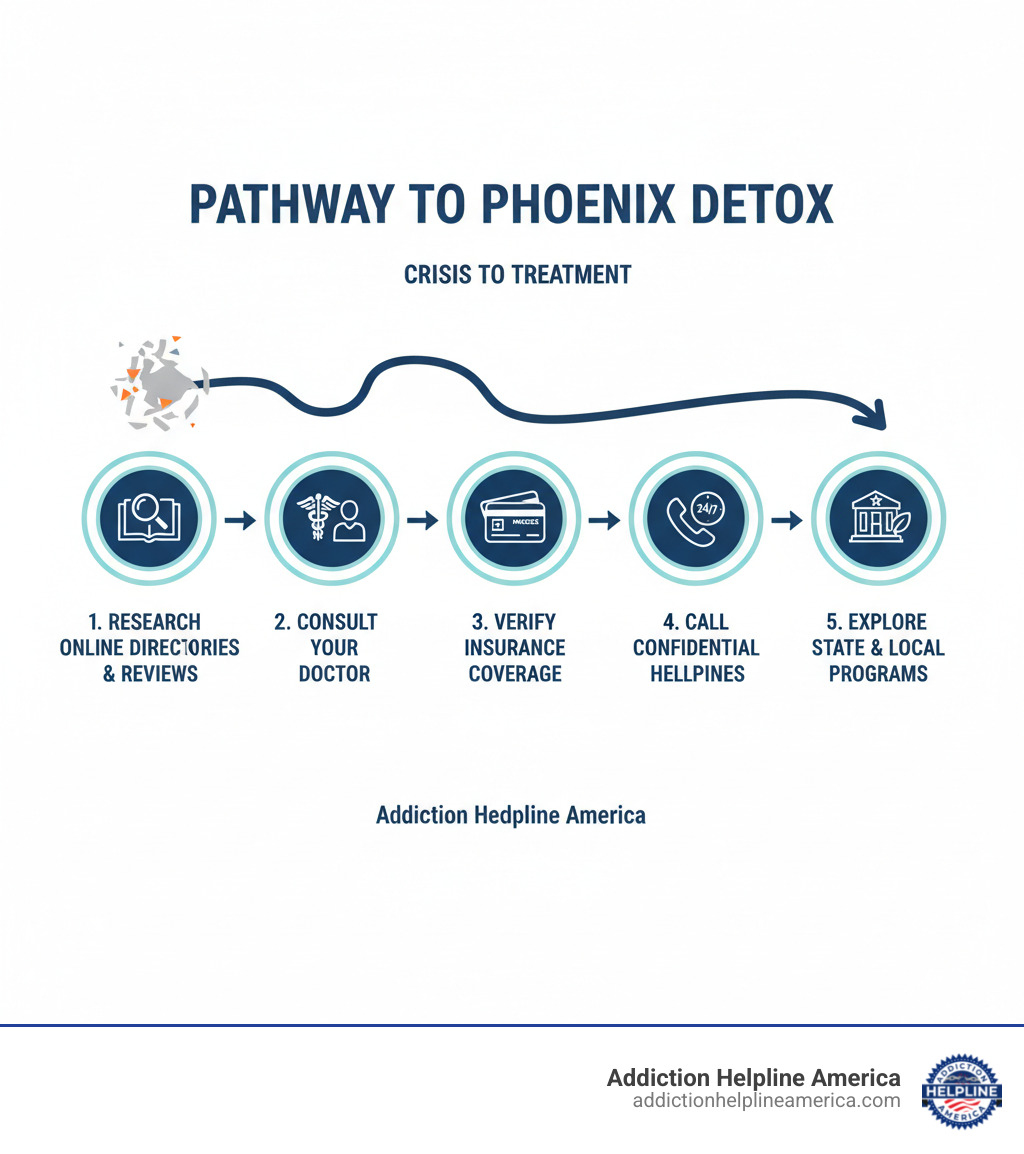 Infographic showing the pathway to finding Phoenix detox: Step 1 - Use online directories to research options and read reviews; Step 2 - Consult your doctor for professional referrals; Step 3 - Verify insurance coverage including AHCCCS and private plans; Step 4 - Call confidential helplines for 24/7 support; Step 5 - Explore state and local programs for additional resources. Each step includes icons representing research, medical consultation, insurance cards, phone support, and community resources, with arrows showing the progression from crisis to treatment. - phoenix detox infographic Infographic showing the pathway to finding Phoenix detox: Step 1 - Use online directories to research options and read reviews; Step 2 - Consult your doctor for professional referrals; Step 3 - Verify insurance coverage including AHCCCS and private plans; Step 4 - Call confidential helplines for 24/7 support; Step 5 - Explore state and local programs for additional resources. Each step includes icons representing research, medical consultation, insurance cards, phone support, and community resources, with arrows showing the progression from crisis to treatment. - phoenix detox infographic