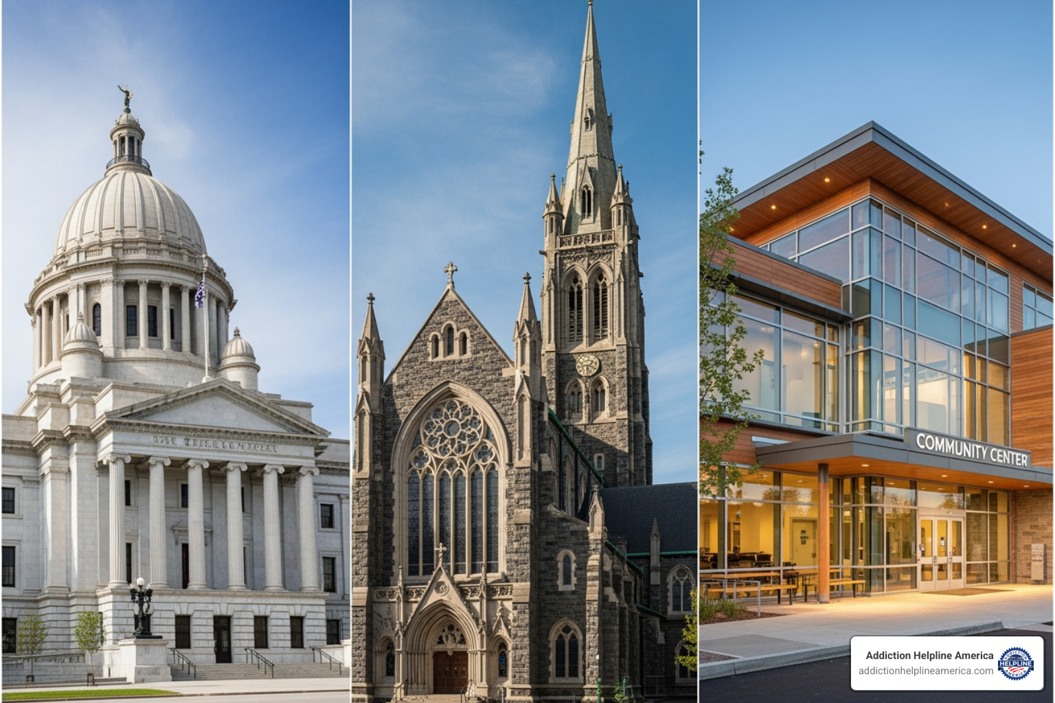 collage showing different types of buildings (a state building, a a church, a community center) - free rehab centers near me collage showing different types of buildings (a state building, a a church, a community center) - free rehab centers near me