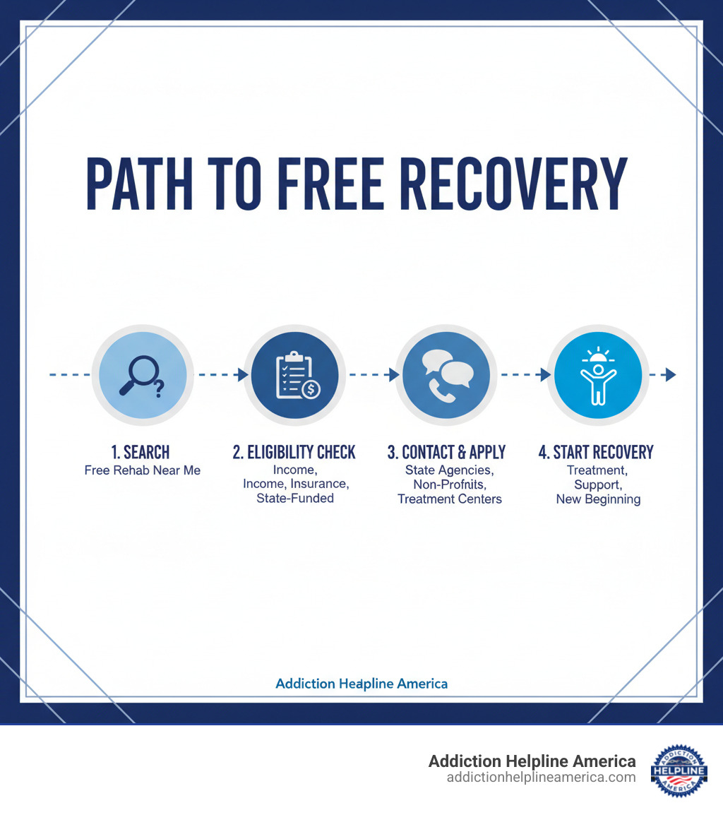 infographic showing the path from searching for free rehab to eligibility check to contacting state agencies and treatment centers to starting recovery - free rehab centers near me infographic infographic showing the path from searching for free rehab to eligibility check to contacting state agencies and treatment centers to starting recovery - free rehab centers near me infographic