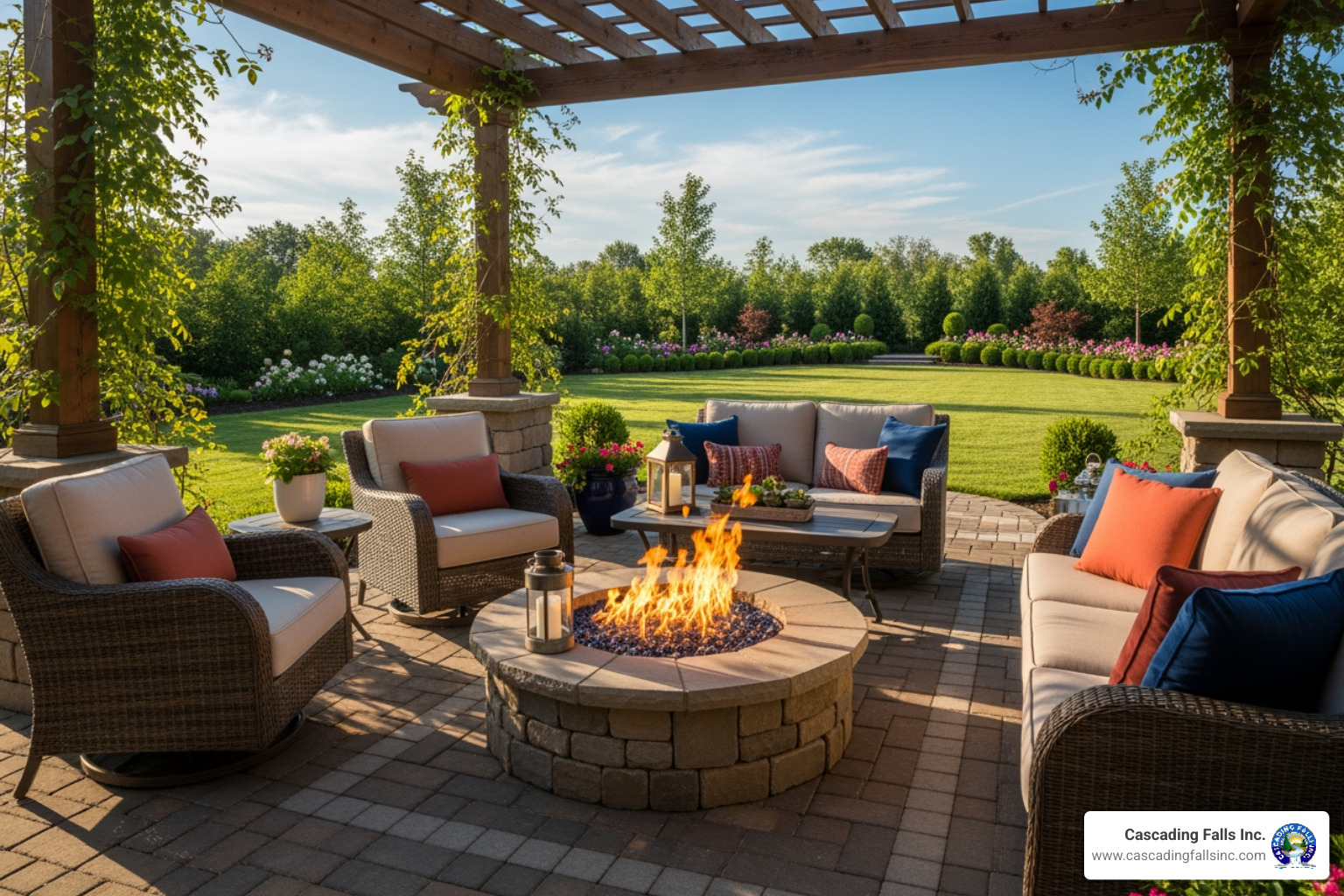 A beautiful hardscape patio with a built-in fire pit and seating - landscape design Roseville A beautiful hardscape patio with a built-in fire pit and seating - landscape design Roseville