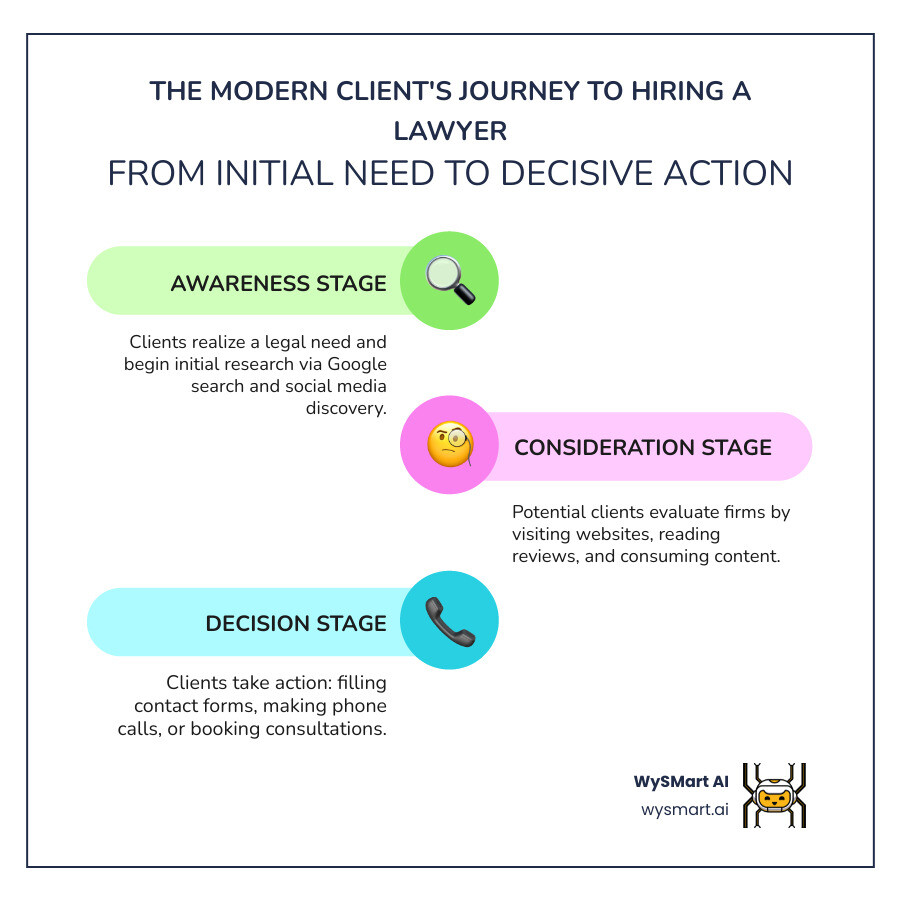 Infographic showing the modern client's journey to finding a lawyer: Awareness stage (Google search, social media discovery), Consideration stage (website visits, review reading, content consumption), Decision stage (contact forms, phone calls, consultations) - Legal marketing strategy infographic infographic-line-3-steps-colors