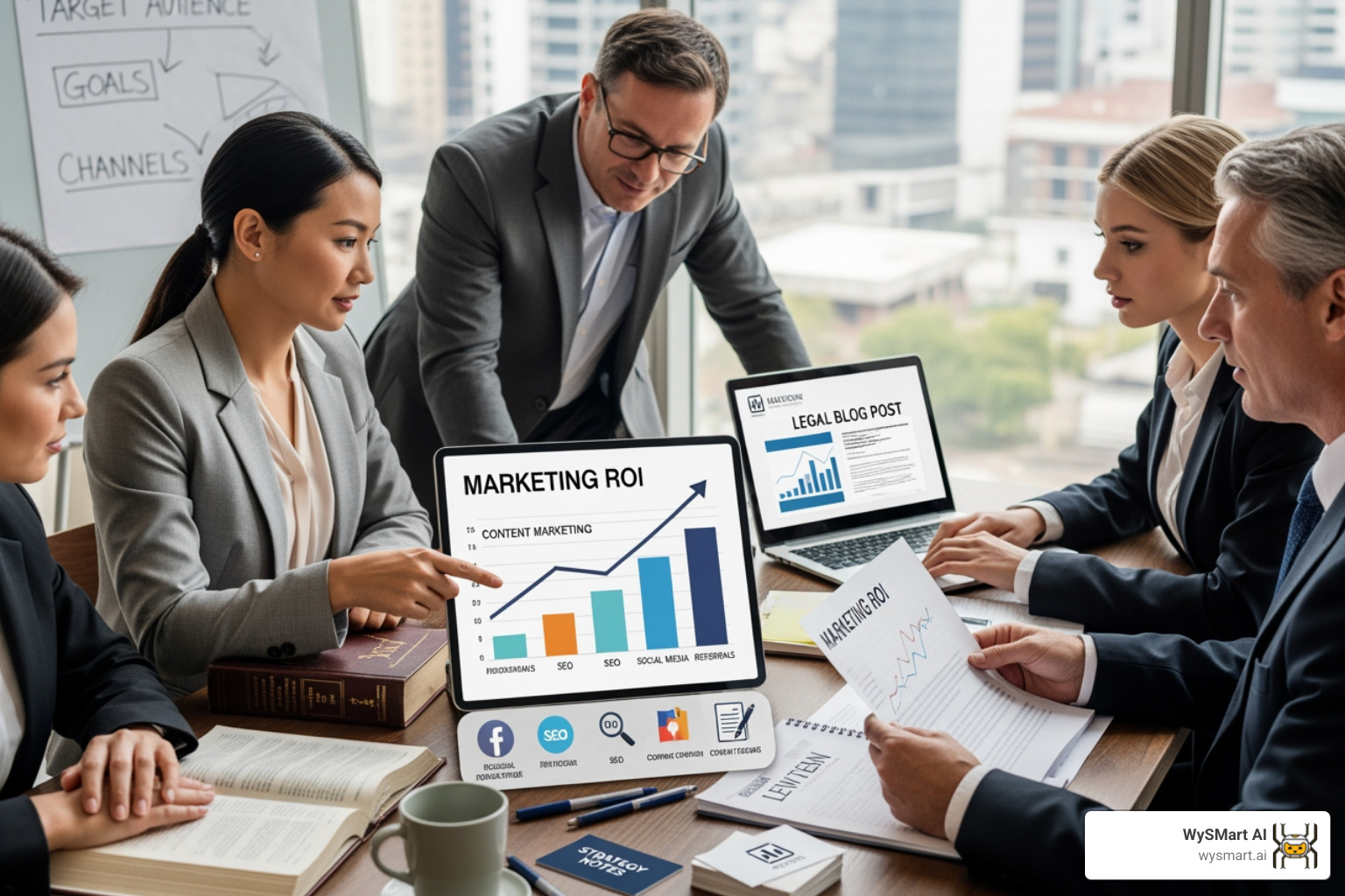 Digital marketing dashboard on a screen showing analytics and campaign performance - Legal marketing strategy