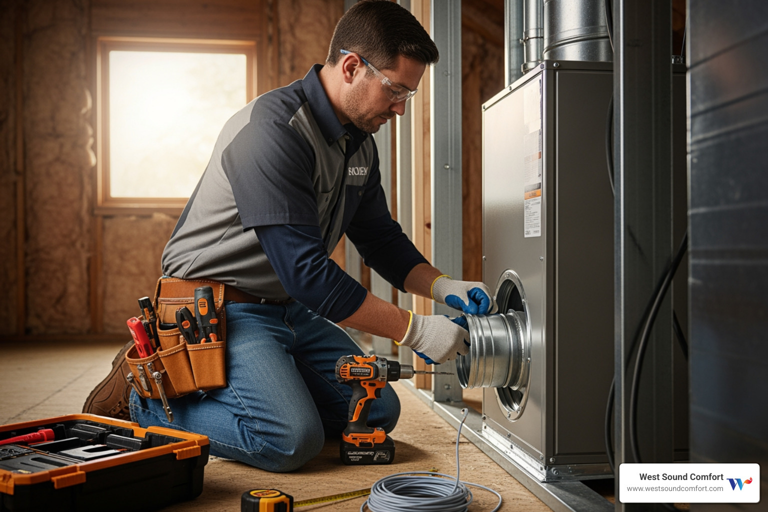 technician professionally installing an indoor air handler - air conditioning replacement in carlsborg, wa technician professionally installing an indoor air handler - air conditioning replacement in carlsborg, wa