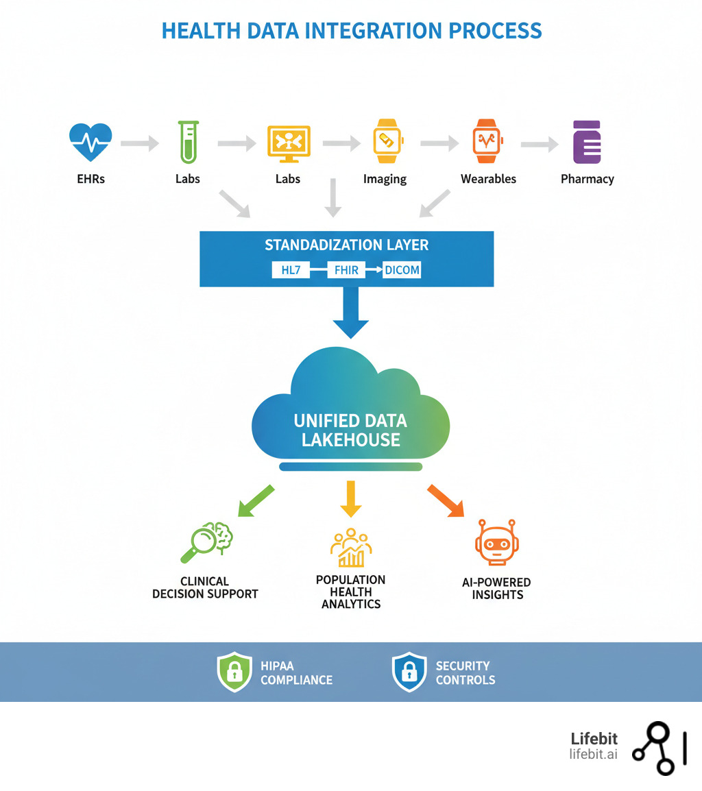 Infographic showing the health data integration process: fragmented data sources (EHRs, labs, imaging, wearables, pharmacy systems) flowing through standardization layer (HL7, FHIR, DICOM) into a unified data lakehouse, enabling clinical decision support, population health analytics, and AI-powered insights while maintaining HIPAA compliance and security controls - health data integration infographic 
