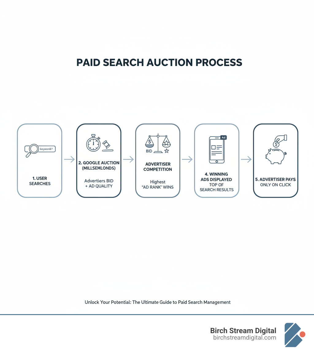 Infographic showing the paid search auction process: A user enters a search query, Google runs an auction in milliseconds, advertisers compete based on bid amount and ad quality, the winning ads are displayed at the top of search results, and the advertiser pays only when someone clicks - paid search management infographic 