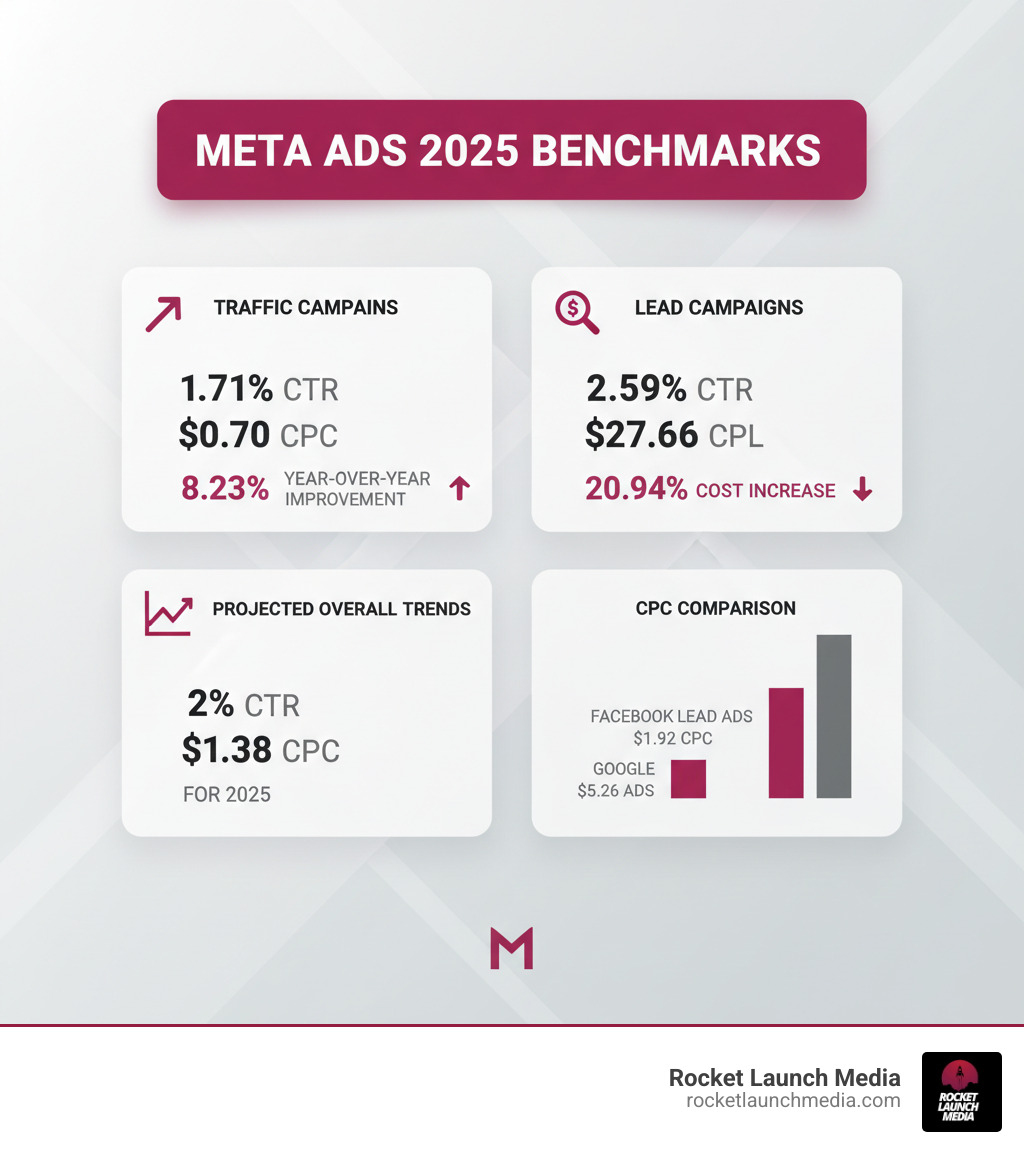 Infographic showing Meta Ads 2025 key performance indicators: Traffic campaigns with 1.71% CTR and $0.70 CPC showing 8.23% year-over-year improvement, Lead campaigns with 2.59% CTR and $27.66 CPL showing 20.94% cost increase, projected overall trends of 2% CTR and $1.38 CPC for 2025, and comparison showing Facebook Lead Ads CPC of $1.92 versus Google Ads CPC of $5.26 - Meta Ads 2025 Benchmark report infographic 
