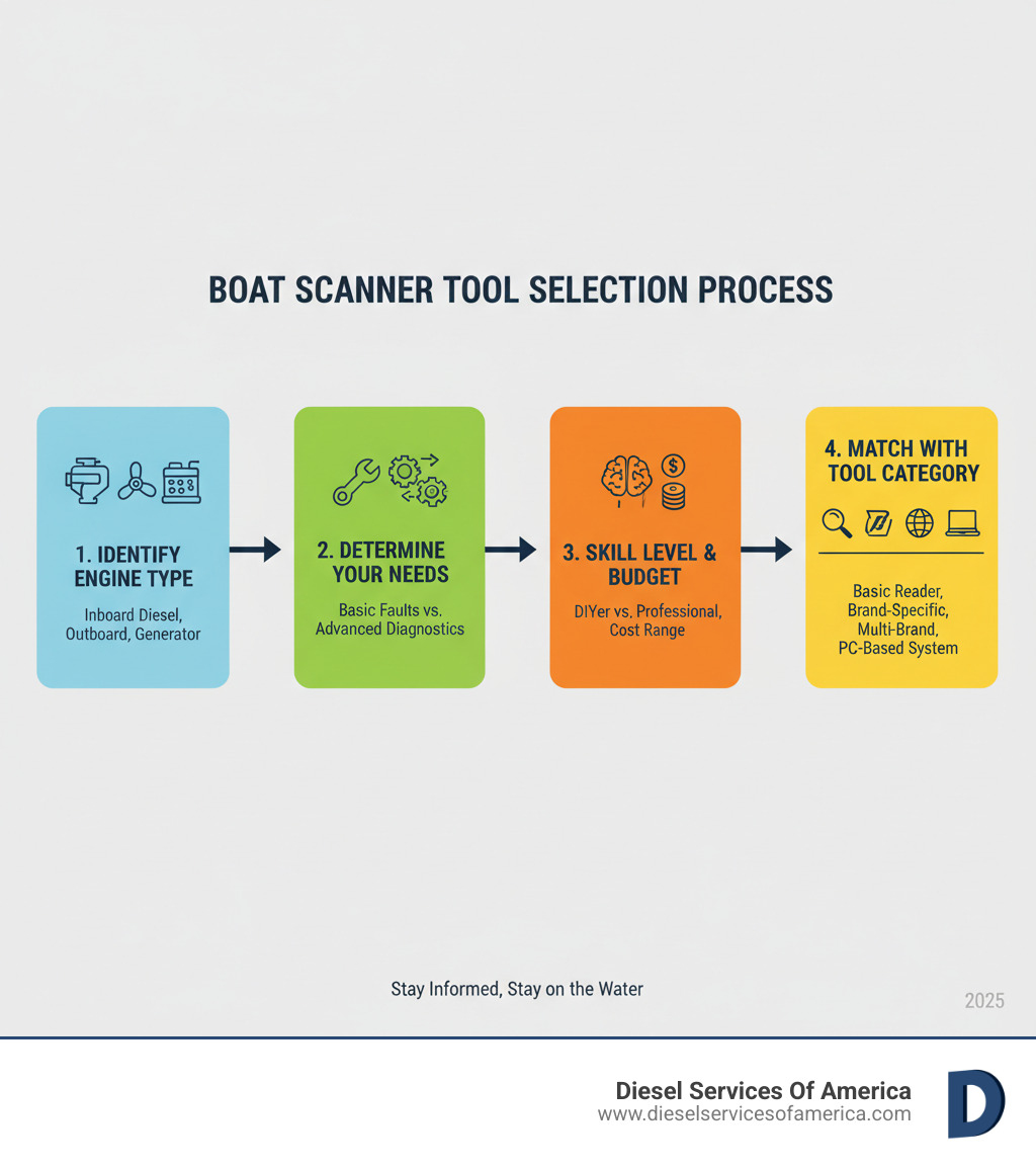 Infographic showing the boat scanner tool selection process: Step 1 - Identify your engine brand and type (inboard diesel, outboard, generator); Step 2 - Determine your needs (basic fault reading vs. advanced diagnostics and bi-directional control); Step 3 - Consider your technical skill level and budget; Step 4 - Match with appropriate tool category (basic reader, brand-specific, multi-brand professional, or PC-based system) - boat scanner tool infographic Infographic showing the boat scanner tool selection process: Step 1 - Identify your engine brand and type (inboard diesel, outboard, generator); Step 2 - Determine your needs (basic fault reading vs. advanced diagnostics and bi-directional control); Step 3 - Consider your technical skill level and budget; Step 4 - Match with appropriate tool category (basic reader, brand-specific, multi-brand professional, or PC-based system) - boat scanner tool infographic