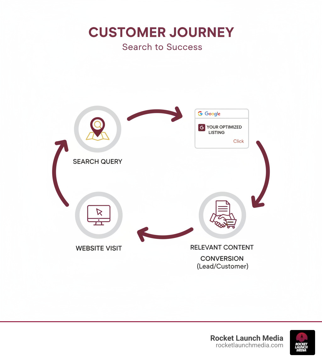 Infographic showing the customer journey from search query to business website: User searches Google for local service, sees your optimized listing in results, clicks through to your website, finds relevant content, converts into a lead or customer, with arrows showing the flow and icons representing each step - search engine optimization Columbus infographic 