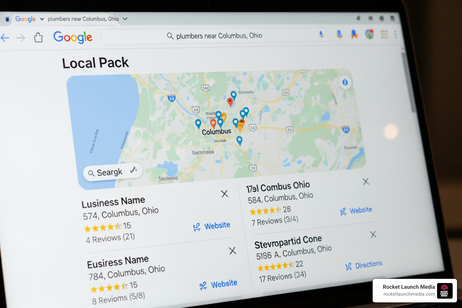 Google search results page showing local Columbus businesses - search engine optimization Columbus