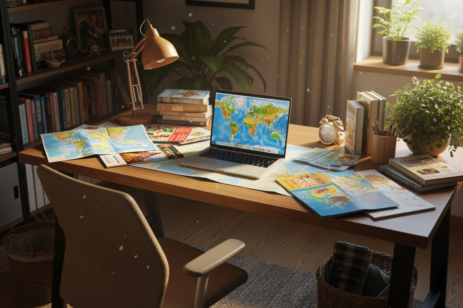 home office with travel brochures and a laptop - low investment franchises