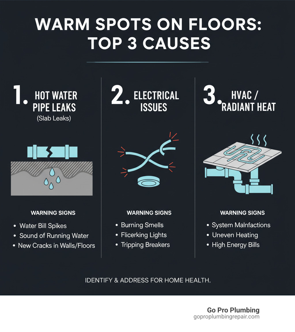 Infographic showing the top 3 causes of warm spots on floors: 1) Hot Water Pipe Leaks (slab leaks) - shown with a cracked pipe beneath concrete foundation, 2) Electrical Issues - depicted with overheating wiring or recessed lights, and 3) HVAC/Radiant Heat - illustrated with ductwork or heating elements beneath flooring. Each cause includes key warning signs like water bill spikes for leaks, burning smells for electrical, and system malfunctions for HVAC. - warm spot on floor infographic 