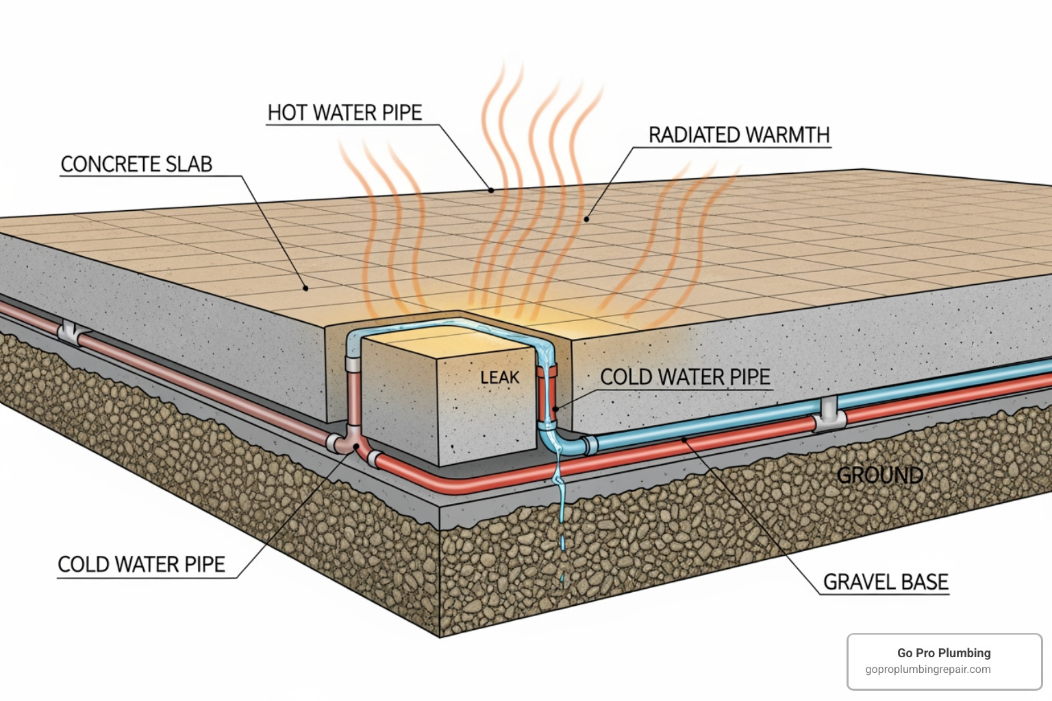 diagram showing water pipes running under a concrete slab foundation - warm spot on floor