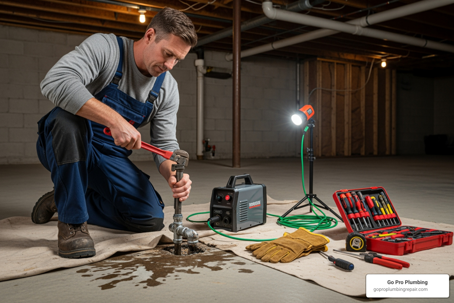 plumber using specialized equipment to repair a pipe - warm spot on floor