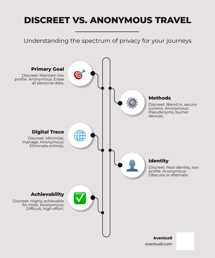 table comparing discreet vs. anonymous travel tactics - how to travel discreetly infographic infographic-line-5-steps-elegant_beige