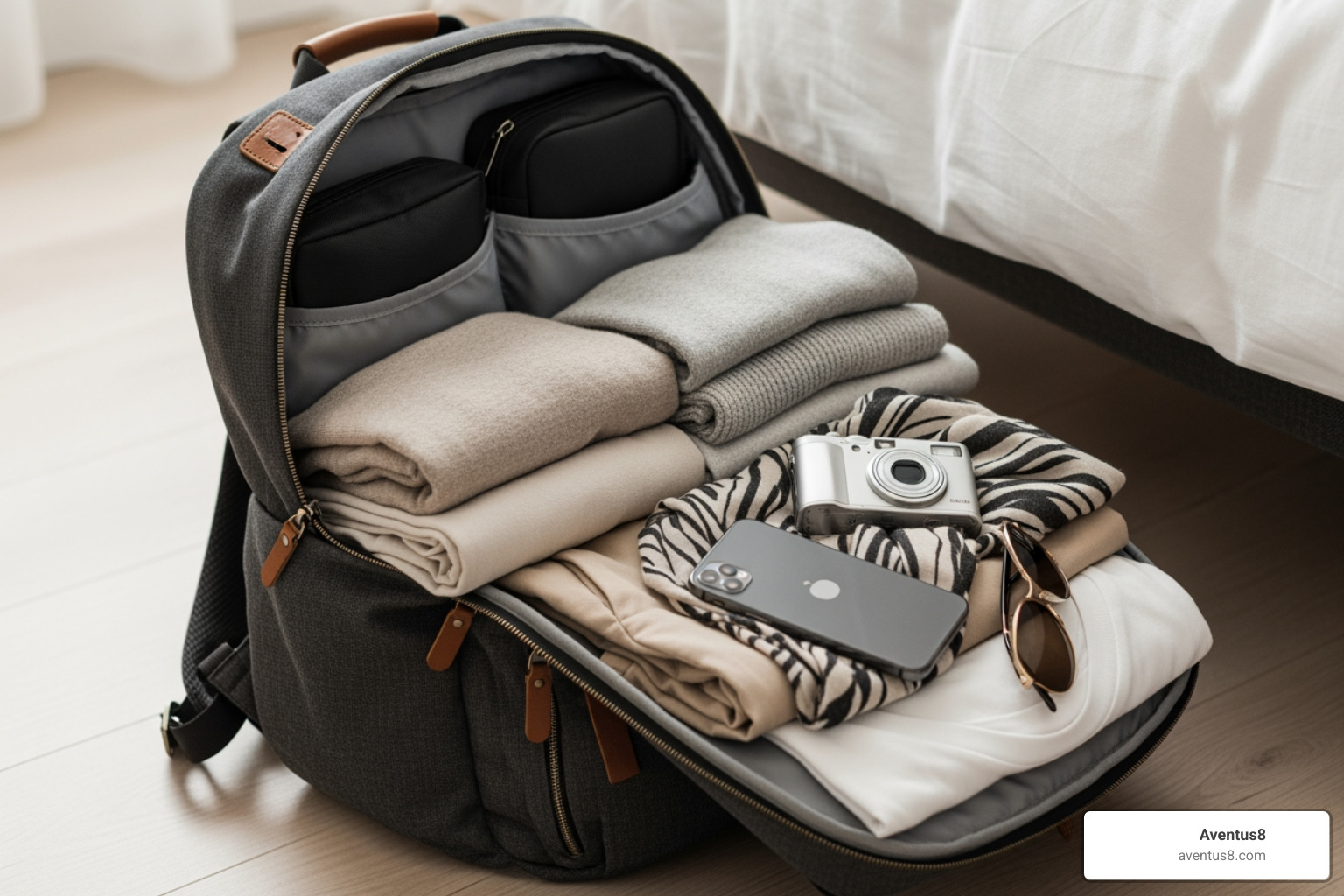 neatly organized travel backpack with neutral-colored clothing and discreet travel accessories - how to travel discreetly