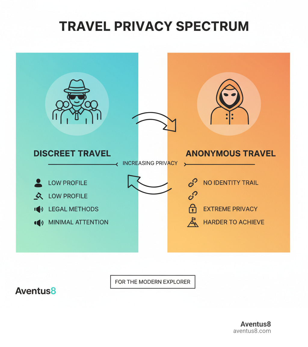 infographic explaining the key differences between discreet travel (maintaining low profile, legal methods, minimal attention) and anonymous travel (no identity trail, extreme privacy measures, harder to achieve) - how to travel discreetly infographic 
