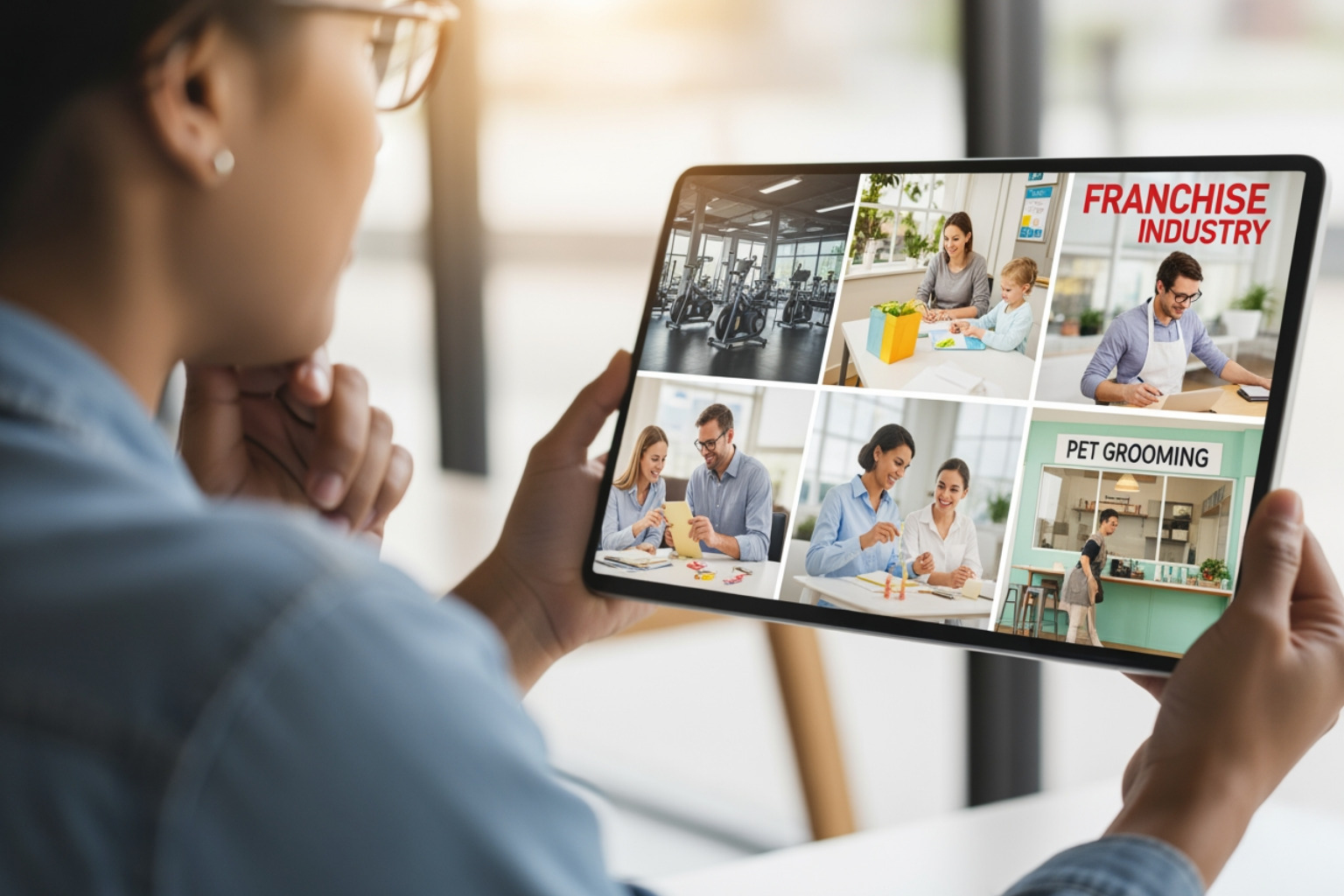 A person thoughtfully looking at a digital collage of different franchise industries like fitness, senior care, and pet services. - guide to franchising