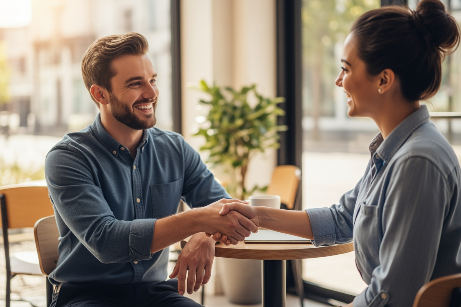 A person shaking hands with a corporate executive after a successful meeting. - guide to franchising