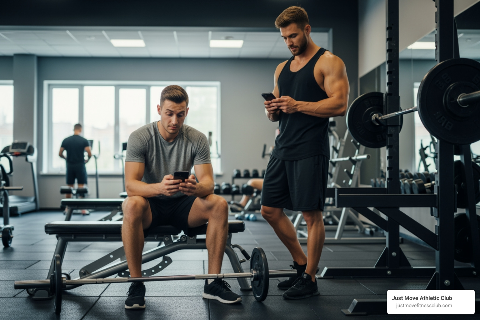 two different user types (a beginner and an advanced lifter) looking at their phones - app to track gym progress two different user types (a beginner and an advanced lifter) looking at their phones - app to track gym progress