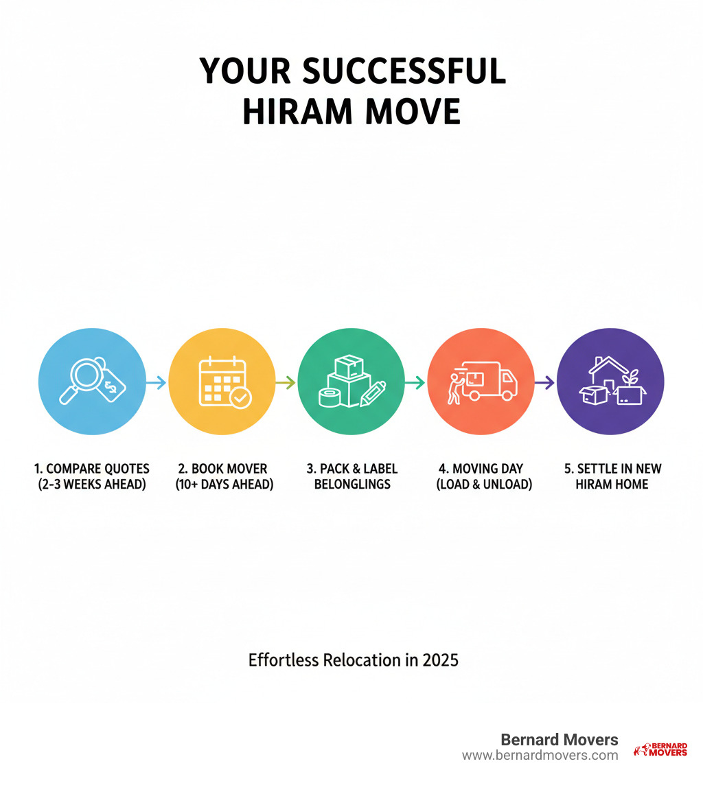 Infographic showing the key stages of a successful move: 1. Get quotes and compare movers 2-3 weeks before move date, 2. Book your preferred mover and confirm details 10+ days in advance, 3. Pack and prepare belongings with proper materials and labeling, 4. Moving day - professional crew loads, transports, and unloads safely, 5. Settle in and unpack at your new Hiram home with assistance as needed - movers hiram ga infographic Infographic showing the key stages of a successful move: 1. Get quotes and compare movers 2-3 weeks before move date, 2. Book your preferred mover and confirm details 10+ days in advance, 3. Pack and prepare belongings with proper materials and labeling, 4. Moving day - professional crew loads, transports, and unloads safely, 5. Settle in and unpack at your new Hiram home with assistance as needed - movers hiram ga infographic
