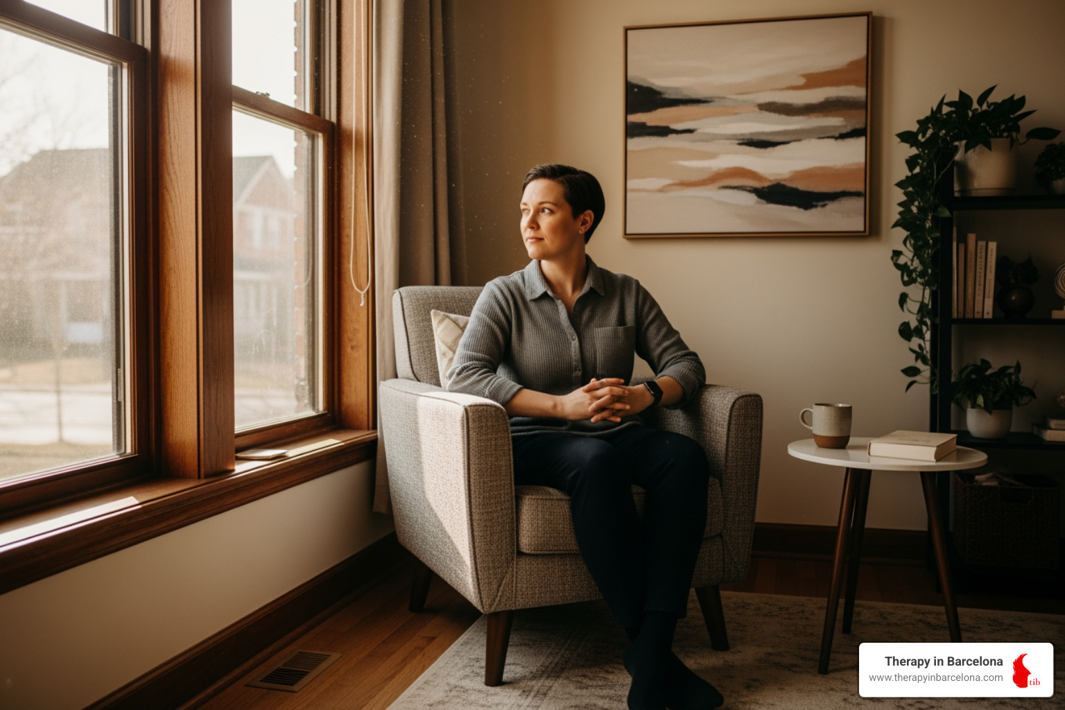 Person looking thoughtfully out window in Barcelona therapy room - What is EMDR therapy