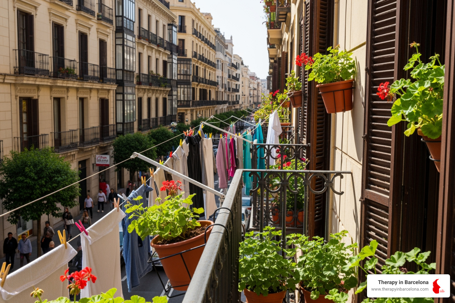 A typical Spanish apartment balcony adorned with plants and laundry, overlooking a bustling street - emigrating to spain