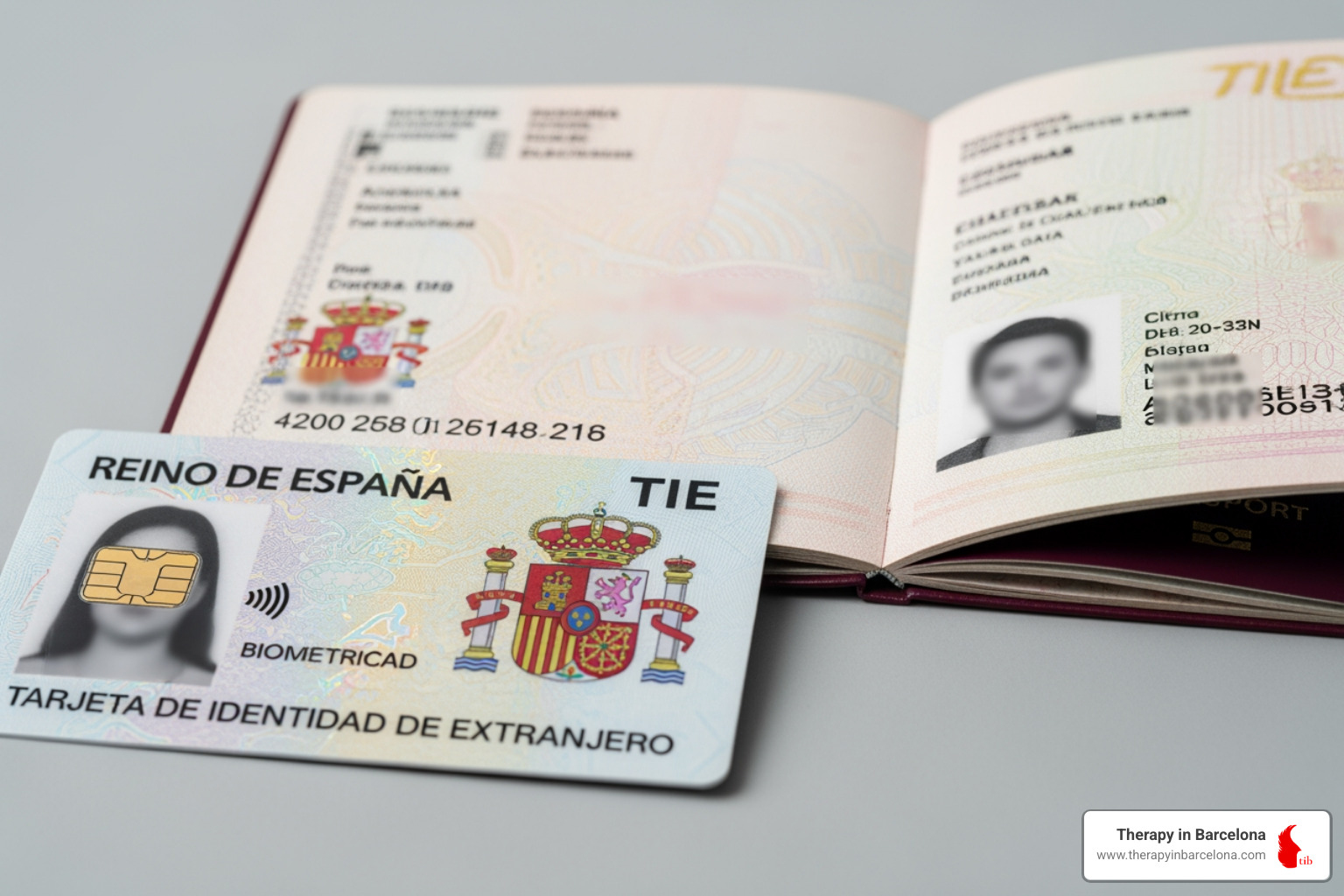 Close-up of a Spanish TIE card and a passport - emigrating to spain
