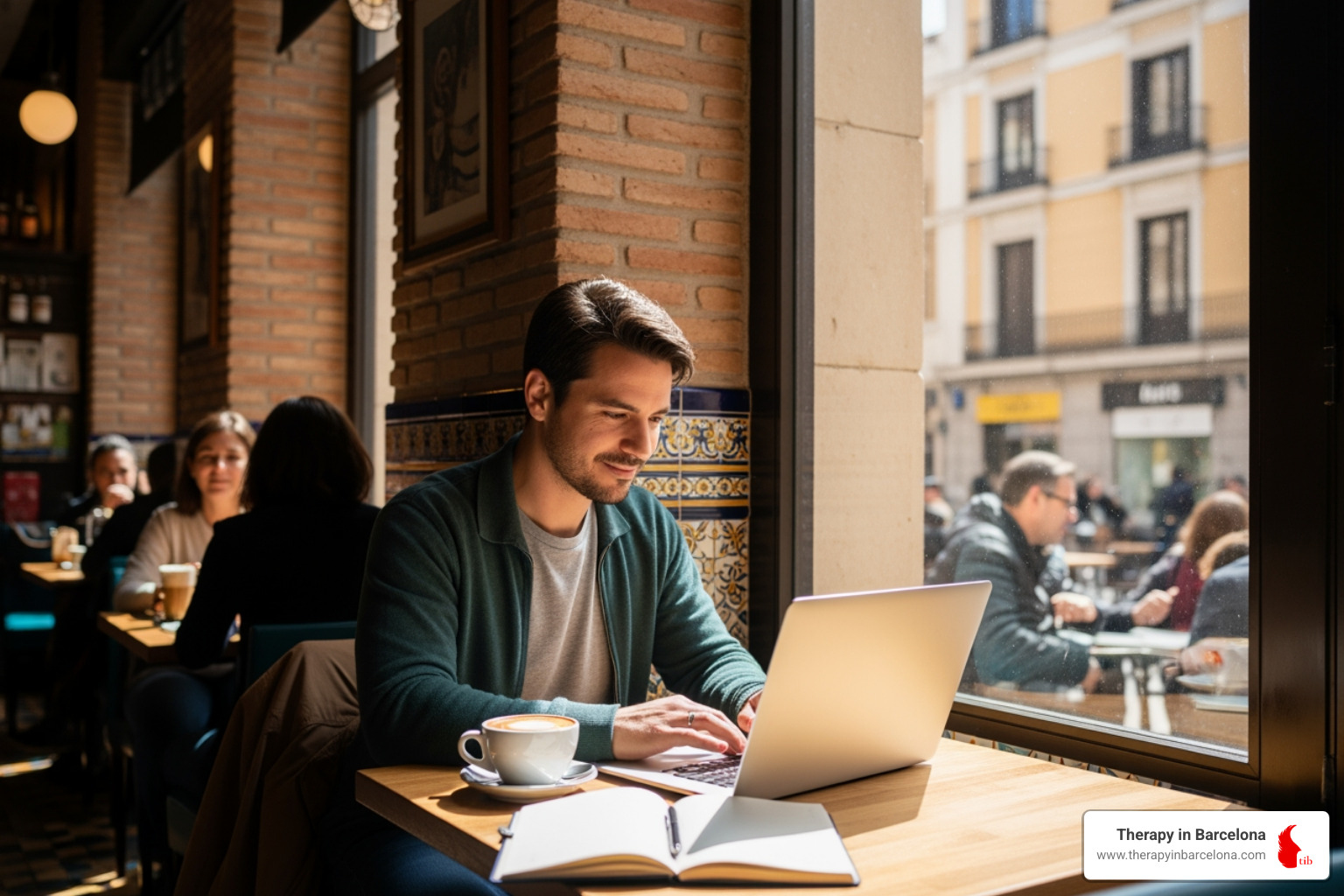 A person working remotely on a laptop in a bright Spanish café, with a coffee cup and notebook on the table - emigrating to spain