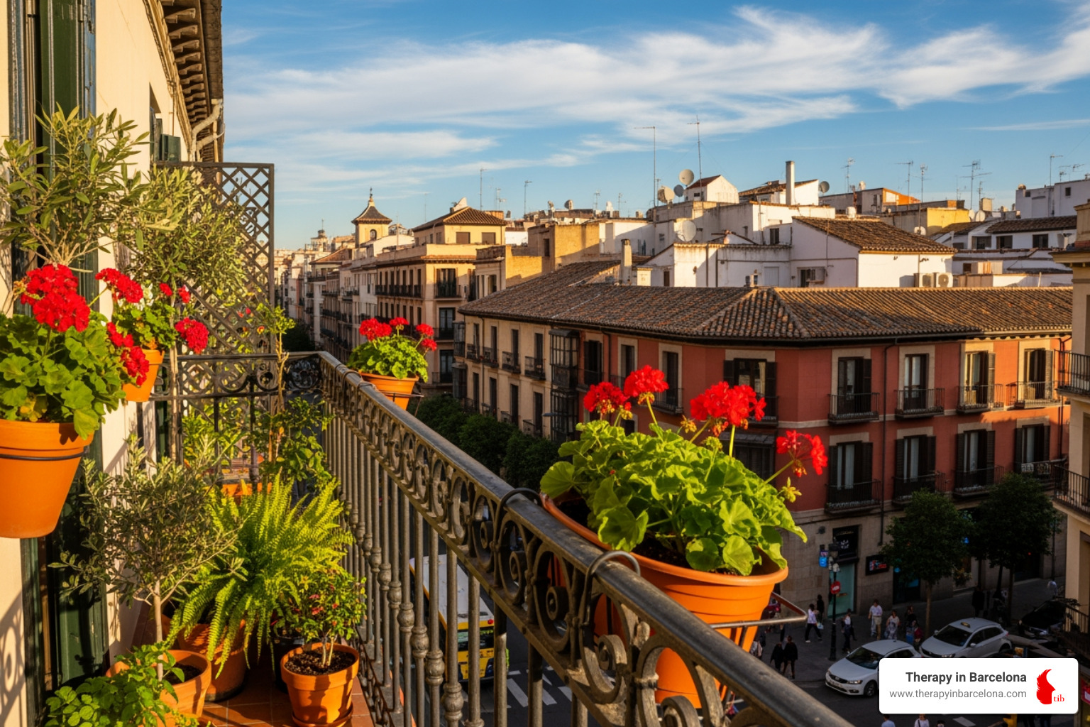 A typical Spanish apartment balcony overlooking a city - emigrating to spain from us A typical Spanish apartment balcony overlooking a city - emigrating to spain from us