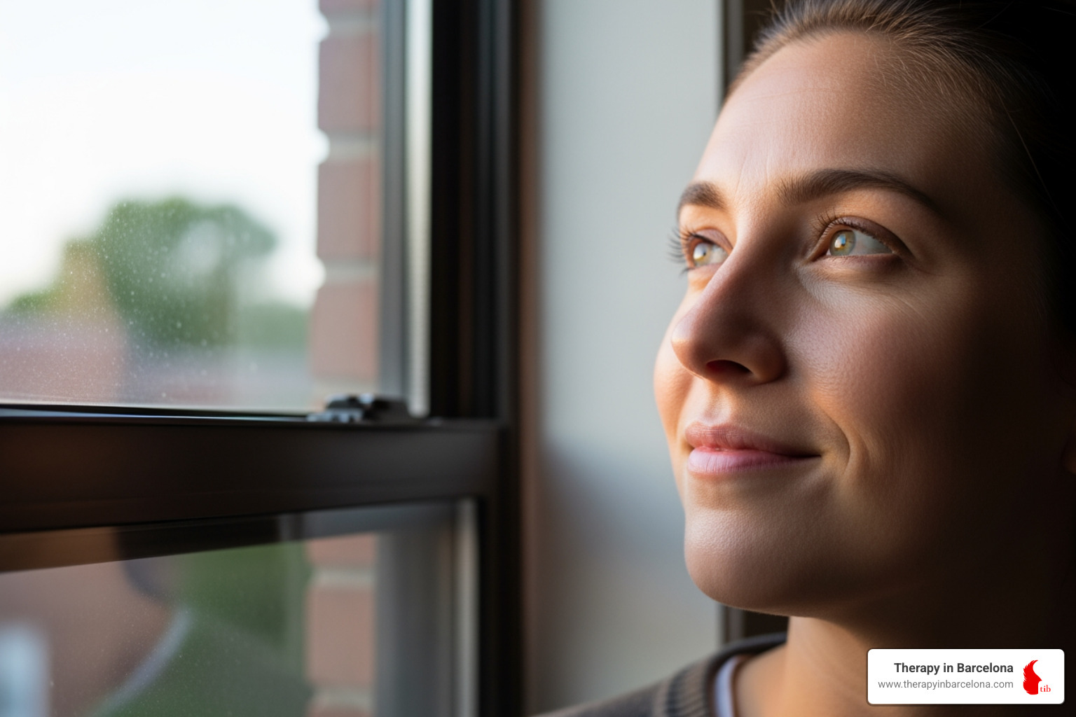 Person looking hopefully out window in Barcelona - EMDR therapy for trauma