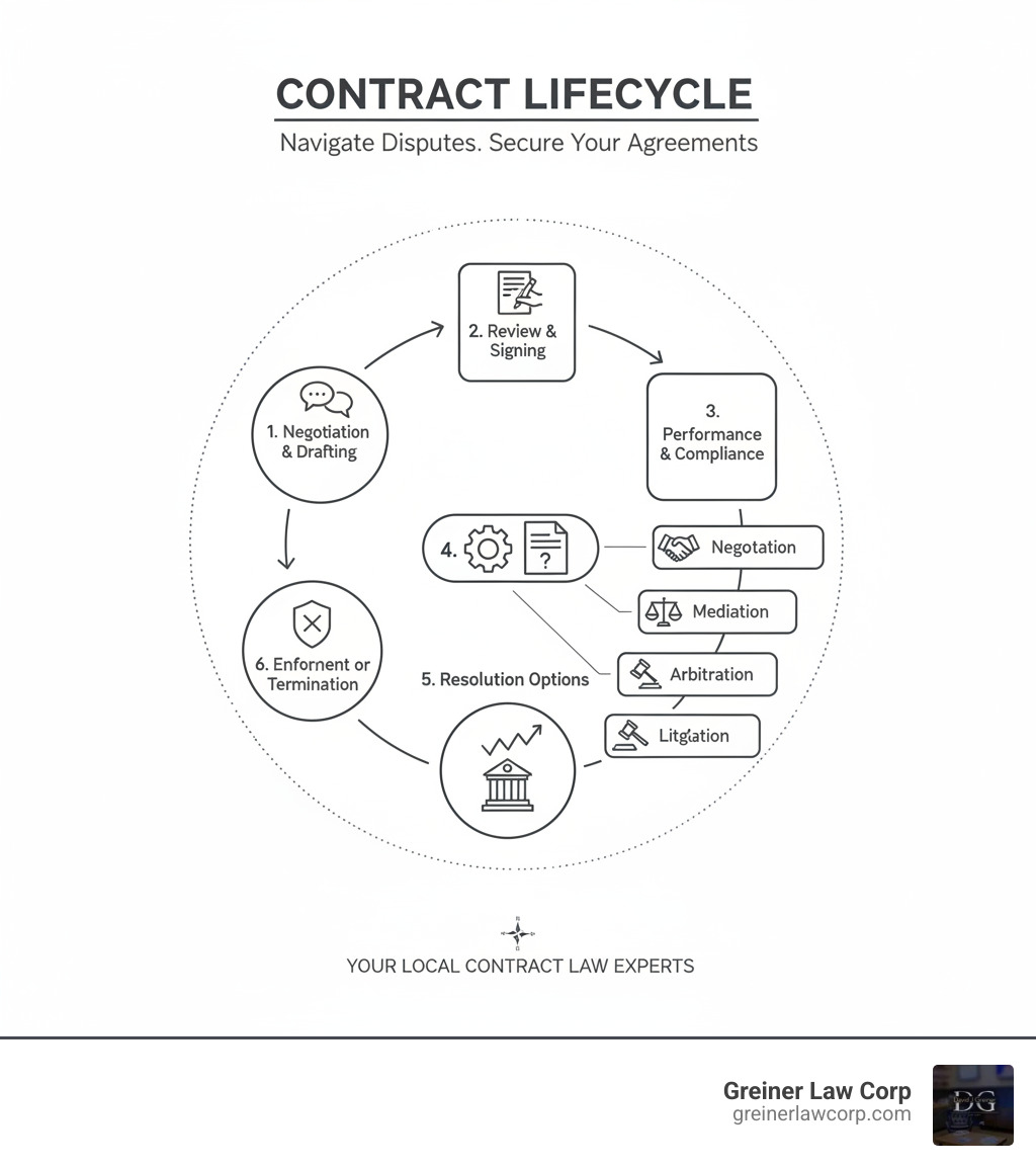 Infographic showing the contract lifecycle: 1. Negotiation and Drafting, 2. Review and Signing, 3. Performance and Compliance, 4. Dispute Identification, 5. Resolution Options (Negotiation, Mediation, Arbitration, Litigation), 6. Enforcement or Termination - contract dispute lawyer near me infographic 