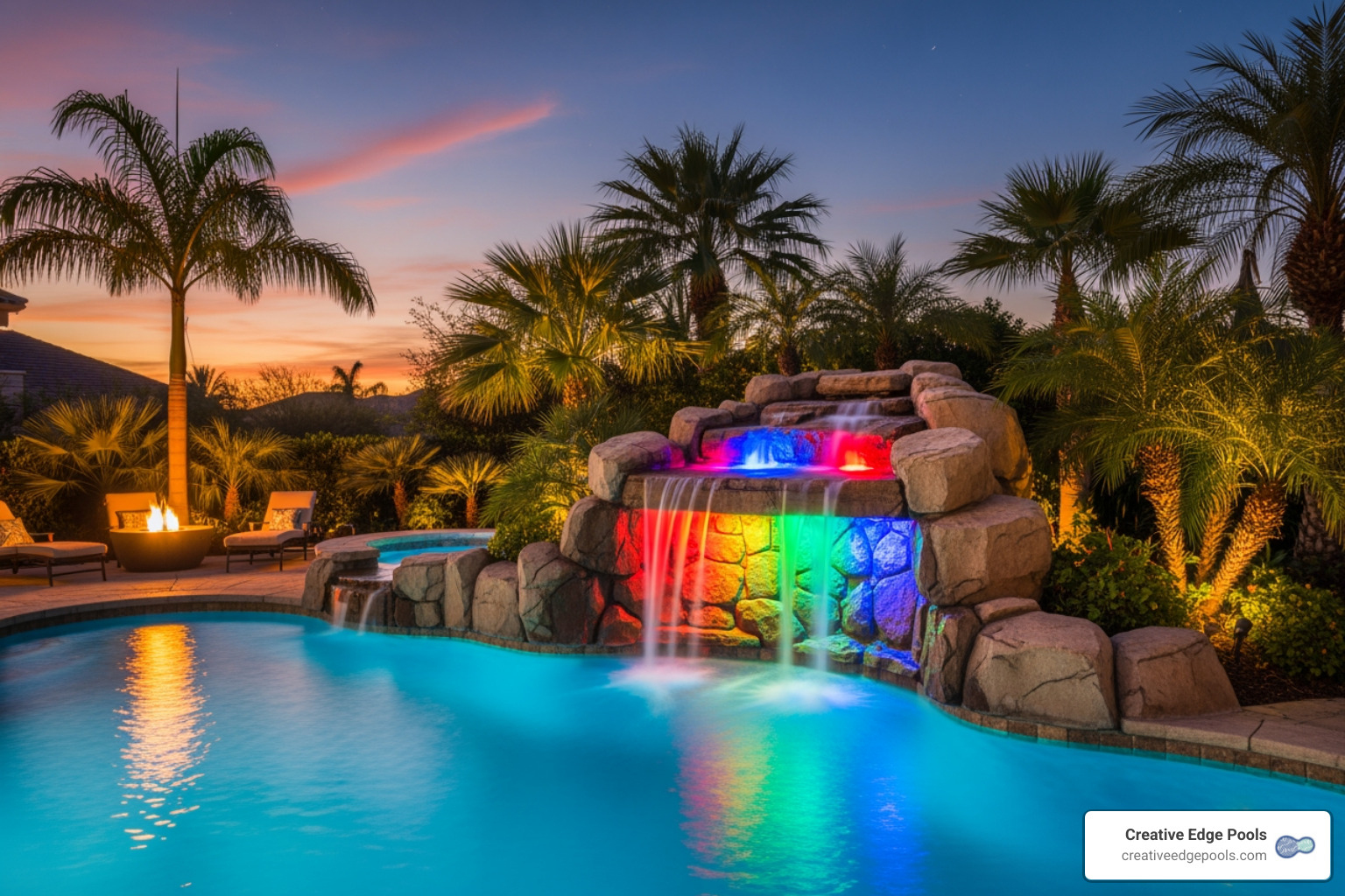 a pool waterfall at dusk illuminated with colorful LED lights - adding waterfall to pool