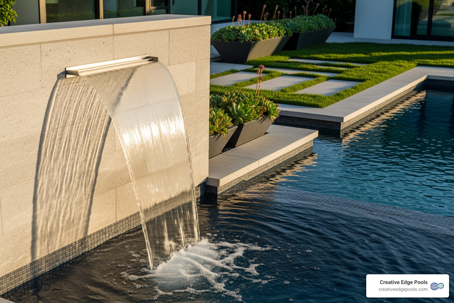 a sleek, modern sheer descent waterfall on a geometric pool - adding waterfall to pool