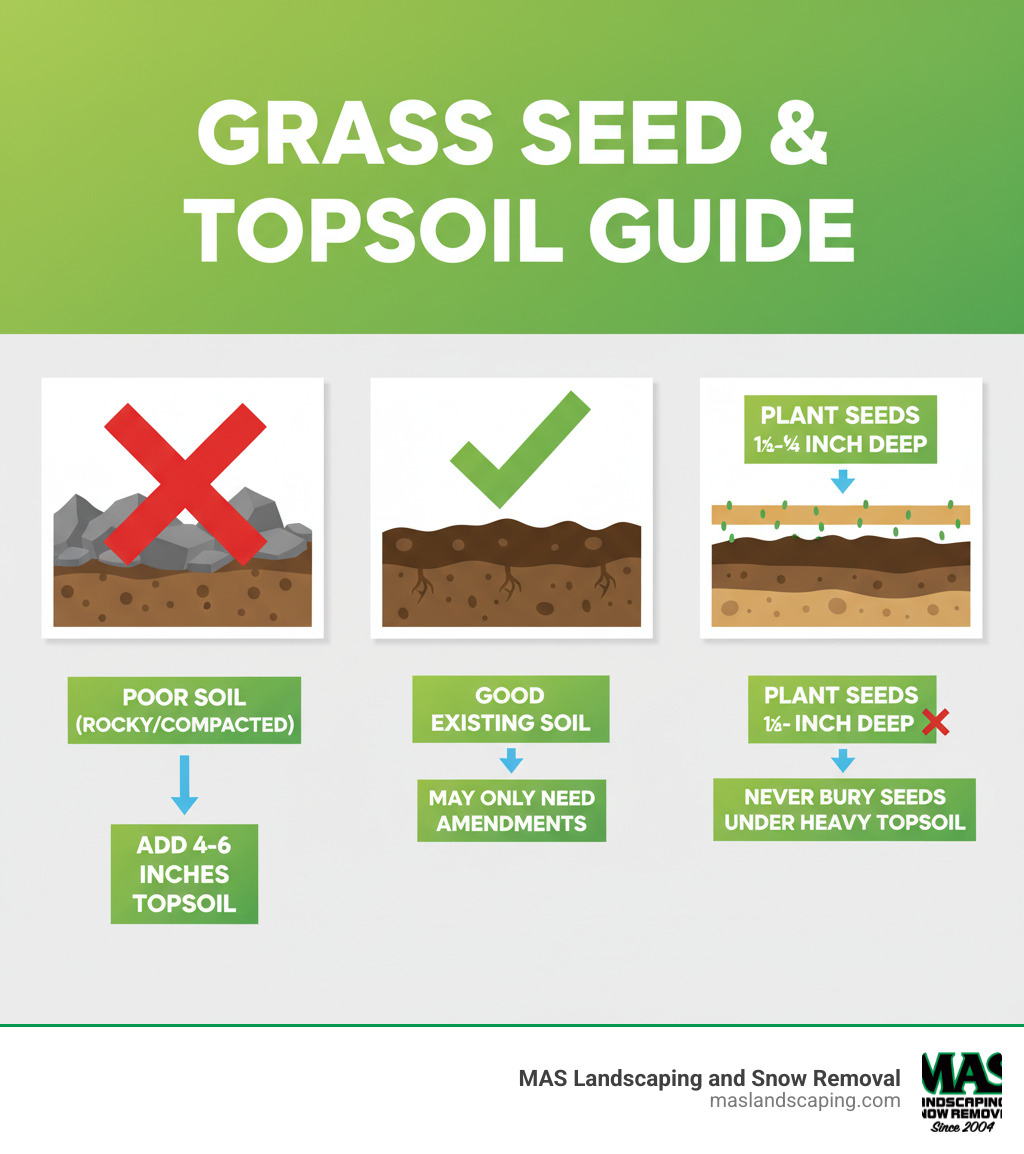 Infographic showing three scenarios: 1) Poor soil (rocky/compacted) with an X and "Add 4-6 inches topsoil" label, 2) Good existing soil with a checkmark and "May only need amendments" label, 3) Cross-section showing topsoil layer below seeds with "Plant seeds ⅛-¼ inch deep" and "Never bury seeds under heavy topsoil" labels - do i need additional top soil when planting grass seed infographic Infographic showing three scenarios: 1) Poor soil (rocky/compacted) with an X and "Add 4-6 inches topsoil" label, 2) Good existing soil with a checkmark and "May only need amendments" label, 3) Cross-section showing topsoil layer below seeds with "Plant seeds ⅛-¼ inch deep" and "Never bury seeds under heavy topsoil" labels - do i need additional top soil when planting grass seed infographic