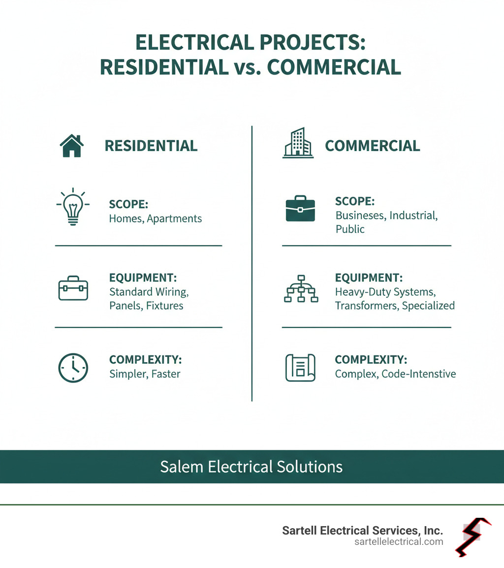 table comparing residential vs commercial electrical projects - Electrical contractor Salem infographic 