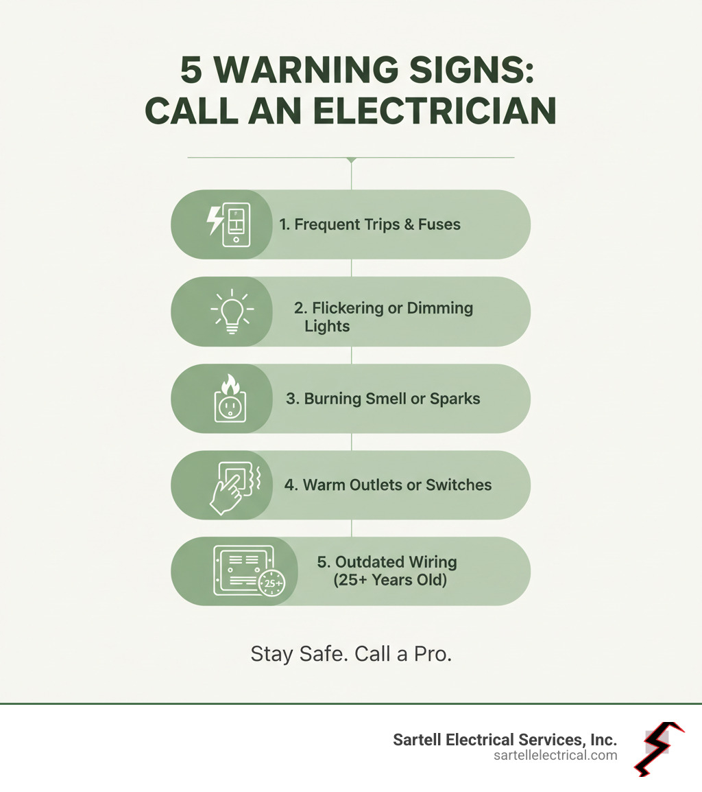 Infographic showing 5 warning signs you need to call an electrician: 1. Frequent circuit breaker trips or blown fuses, 2. Flickering or dimming lights throughout the property, 3. Burning smell or sparks from outlets or panels, 4. Outlets or switches that are warm to touch, 5. Outdated wiring or electrical panels over 25 years old - Electrical contractor Salem infographic 