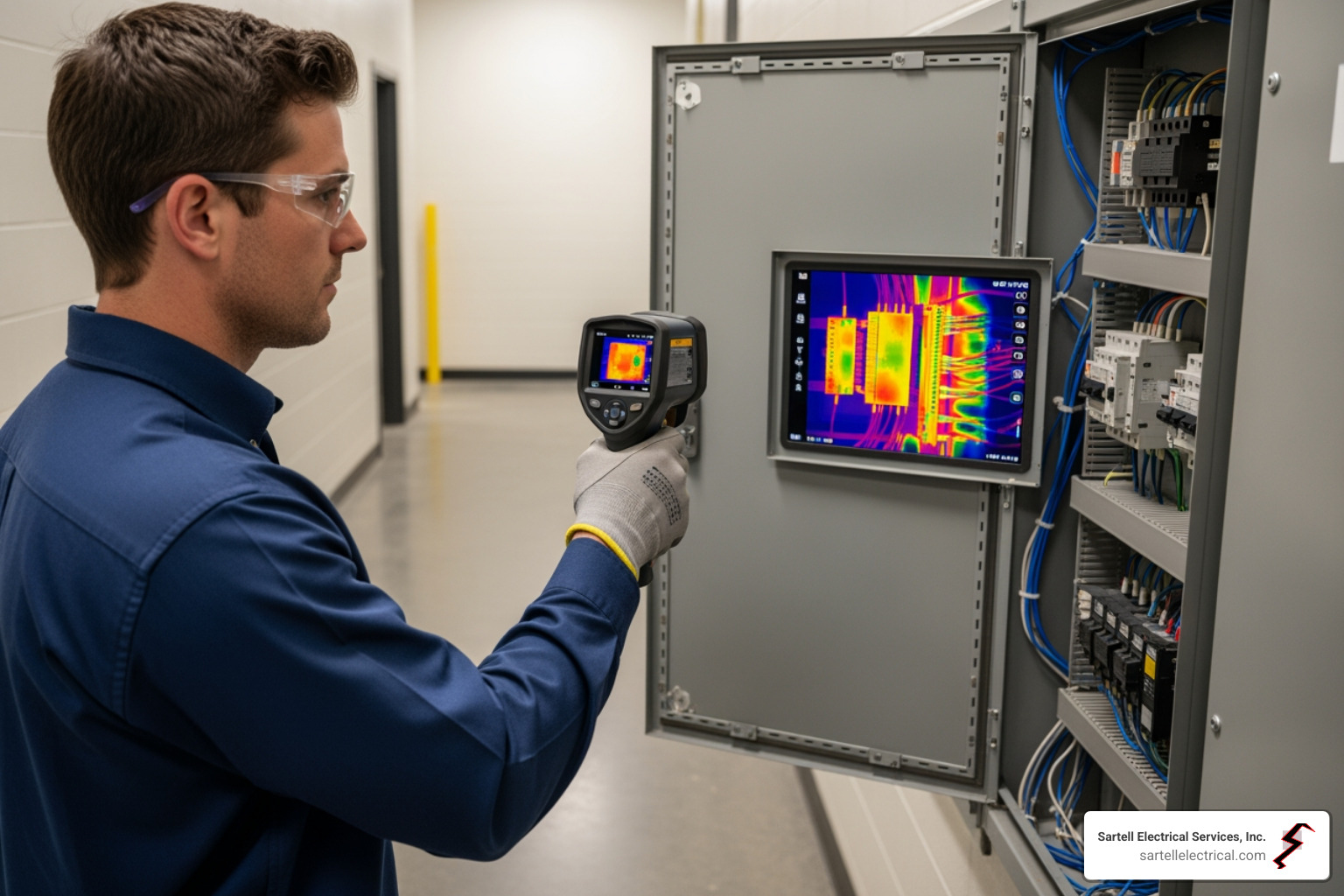 Commercial electrician using an infrared camera - Commercial Electrical System Maintenance