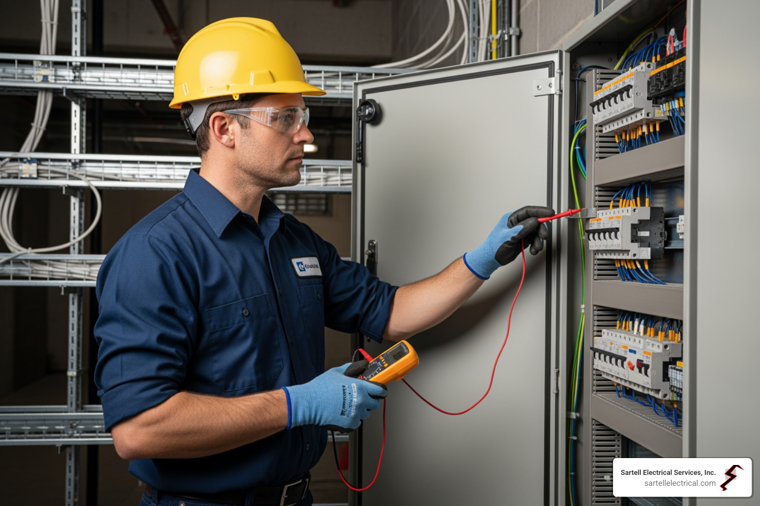 Certified electrician working safely with proper PPE - Commercial Electrical System Maintenance Certified electrician working safely with proper PPE - Commercial Electrical System Maintenance