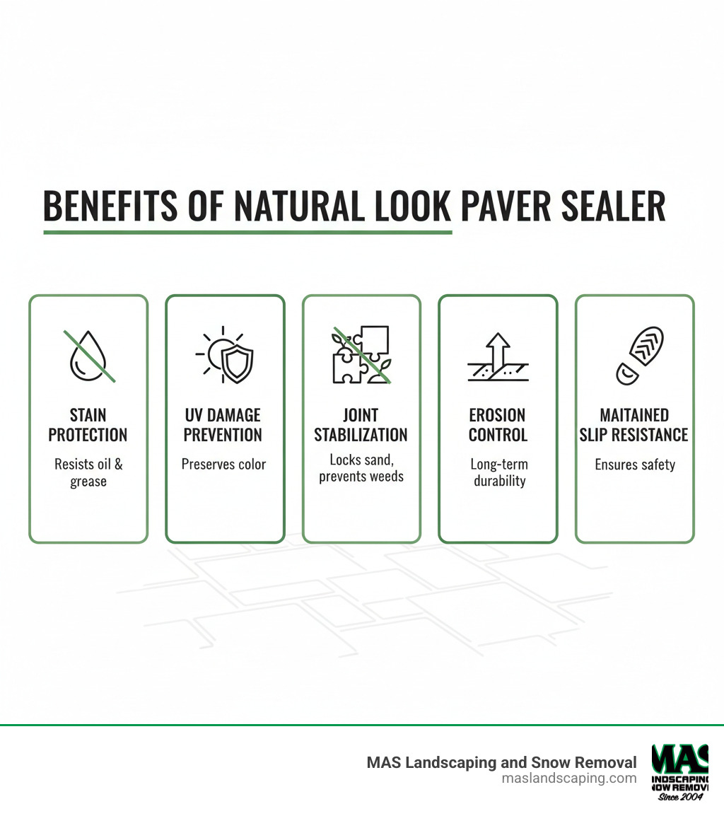 Benefits of natural look paver sealer infographic showing five key advantages: stain protection against oil and grease, UV damage prevention for color preservation, joint stabilization to lock sand in place and prevent weeds, erosion control for long-term durability, and maintained slip resistance for safety - Natural look paver sealer infographic 