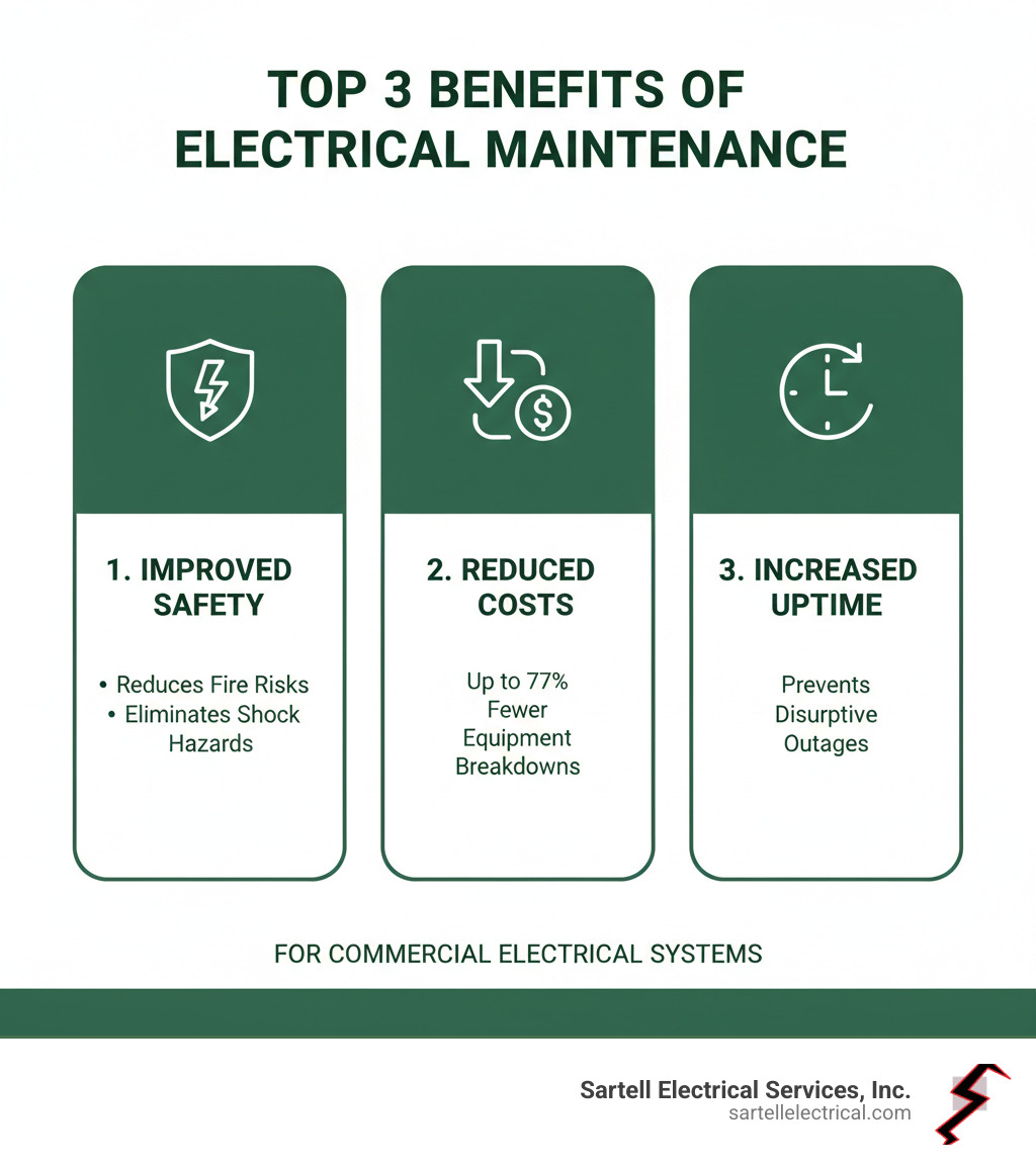 Infographic showing the top 3 benefits of electrical maintenance: Improved Safety (reduces fire risks and shock hazards), Reduced Costs (up to 77% fewer equipment breakdowns), and Increased Uptime (prevents disruptive outages) - Commercial Electrical System Maintenance infographic 