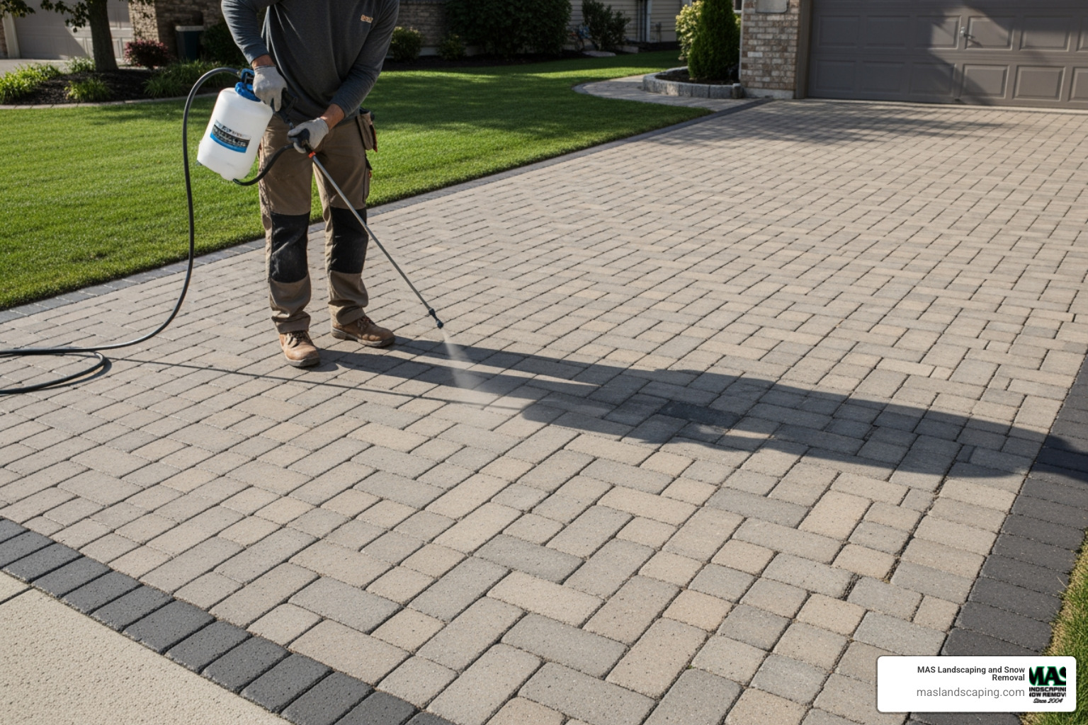 Person using a garden sprayer to apply sealer to a clean paver driveway - Natural look paver sealer