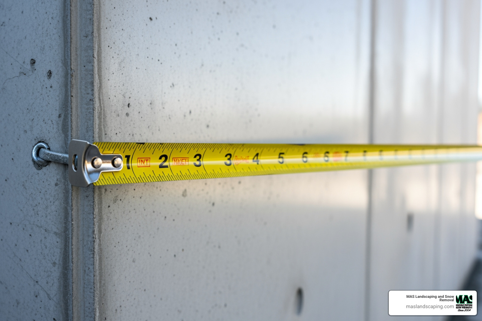 A measuring tape placed against a newly installed concrete wall, showing linear foot measurement - concrete wall fence cost